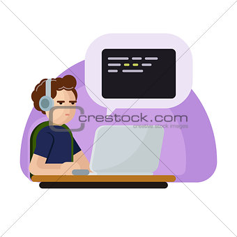 Young programmer man character coding. Vector flat cartoon illustration