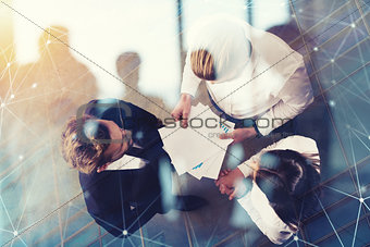 Business people works with statistics number of the company. double exposure