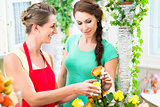 Florist woman selling rose bouquet to her customer