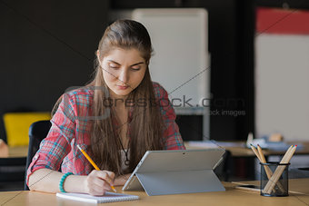 Portrait of a Serious Woman Writing in the Notebook while Working on Laptop lndoors.