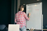 Young Woman Writes on White Board During Lecture or Project Presentation. Business or Education Concept.