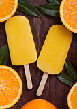 Fresh organic fruit orange ice cream with leaves