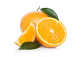 Fresh organic raw oranges with peeled halves 