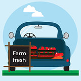 Fast delivery of fresh vegetables. Eco food delivery. Cartoon car with green food.