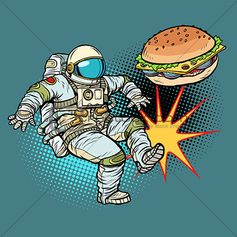 Astronaut kicks Burger fast food, proper nutrition