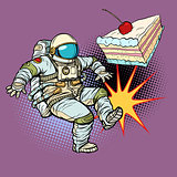 Astronaut kicks a piece of cake