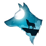 wolf, dog illustration. Cartoon night landscape.