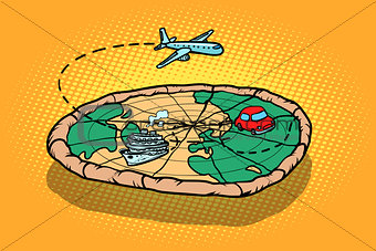 Travel tourism concept, pizza planet earth and transport