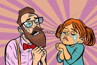 Hipster couple man and woman crying and praying