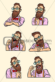 set collection different emotions. Stylish bearded hipster with