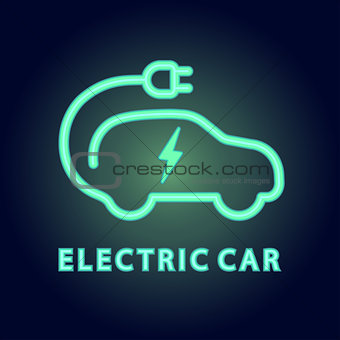 Vector electric car Icon. Logo element illustration in neon light style