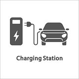 Electric car and charging station. Electric vehicle charging station, electric recharging point, simple icon, vector illustration.