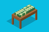 cash stack money on top of wooden table flat style