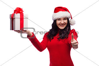 Christmas Santa hat isolated woman hold christmas gift.