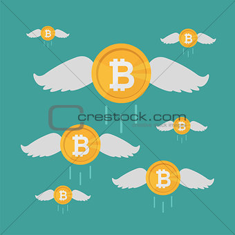 Bitcoin Coin Flies with Wings, Crypto Currency Growing concept. Business concept