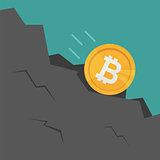 Bitcoin Falls Down the rock. Cartoon Style Vector Illustration.