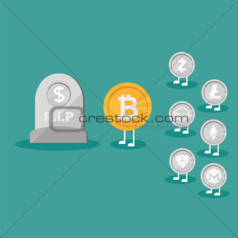 Dollar Coin Icon Tombstone Flat. Real money vs Bitcoin virtual money - Crypto