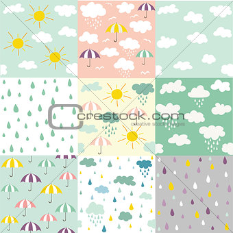 Rain and clouds seamless patterns