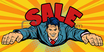 Joyful businessman flies, sale
