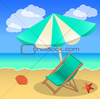 Rest on the beach, beach umbrella, sun lounger, sand and sea for