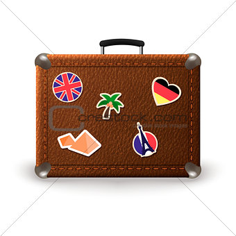 Vintage retro vector suitcase with travel stickers. Old leather luggage bag with stickers of France, Germany, Egypt, UK