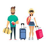 Travelling people waiting for airplane or train. Cartoon man and woman traveling together. Young cartoon couple go on vacation with suitcases and bags. Man holds Tickets and passports, girl holds backpack. Happy newlyweds leave on the sea resort.