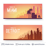 Miami and Detroit famous city scapes.