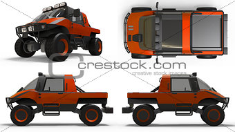 Set special all-terrain vehicle for difficult terrain and difficult road and weather conditions. 3d rendering.