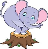 Cartoon cute baby elephant terrified on tree stump