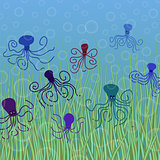 abstract vector underwater background with octopuses and bubbles