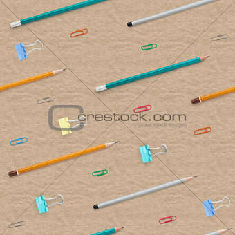 Flat lay with bright stationery supplies on cardboard background. Seamless pattern.