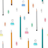 Flat lay with bright stationery supplies on white background. Seamless pattern.