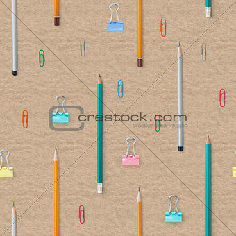 Flat lay with bright stationery supplies on cardboard background. Seamless pattern.
