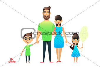 Happy cartoon flat family portrait. Mother, father, son, daughter together. Mom and dad embrace, the brother is carrying a toy car on a string, the sicter is holding cotton candy