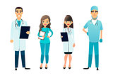 Doctors and nurses team. Cartoon medical staff. Medical team concept. Surgeon, nurse and therapist on hospital. Professional health workers.