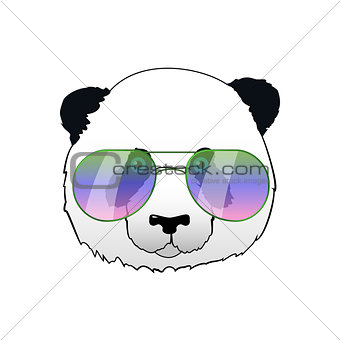 Hand drawn panda in sun glasses. Hipster panda bear illustration. Portrait with mirror sunglasses