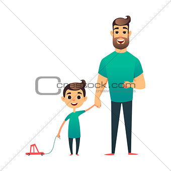 Cartoon father and son. Man and boy. Happy family. Happy Father s Day greeting card