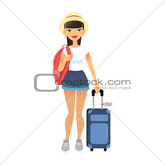 Travel female tourist standing with luggage. Young flat woman wearing casual clothes with baggage at airport. cute lady with travel bag and backpack. Travel lifestyle concept.