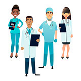 Doctors and nurses team. Cartoon medical staff. Medical team concept. Surgeon, nurse and therapist on hospital. Professional health workers