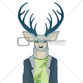 Fashion portrait of hipster deer. Reindeer dressed up in coat, furry art character, trand animals, anthropomorphism. illustration for t-shirt print, card.