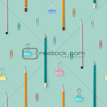 Flat lay with bright stationery supplies on blue background. Seamless pattern.