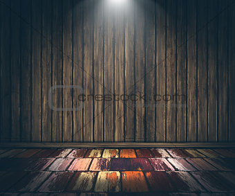 3D grunge wooden interior with spotlight shining down