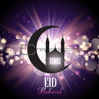 Eid Mubarak background with mosque in crescent 