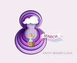 Card for 8 March womens day. Woman in basket