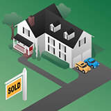 Real Estate Sold Sign with House Isometric 3d Style Vector Illustration