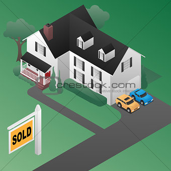 Real Estate Sold Sign with House Isometric 3d Style Vector Illustration