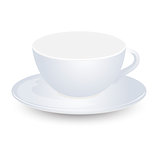 White empty cup mockup on plate vector design. Isolated on white background.