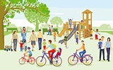 Families with children in the playground, illustration