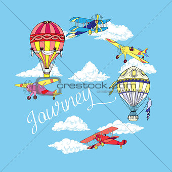 Background with Airplanes and Hot Air Balloons