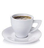 White cup with coffee on a white plate